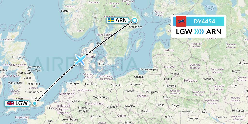 DY4454 Norwegian Flight Map: London to Stockholm