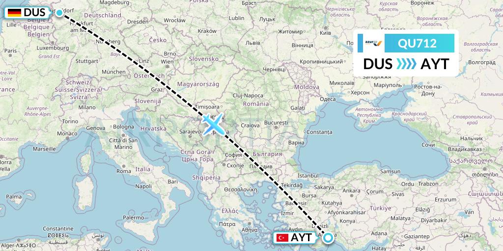 QU712 Azur Air Ukraine Flight Map: Dusseldorf to Antalya