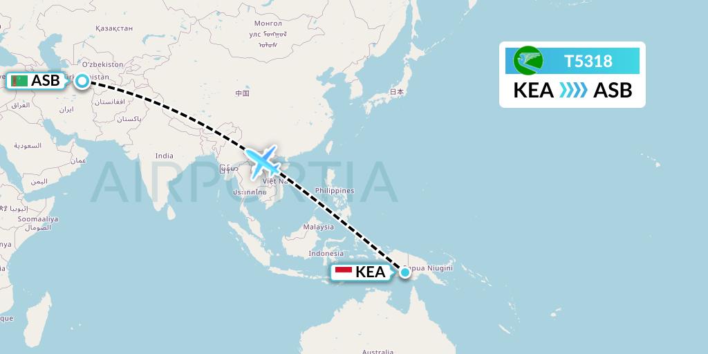 T5318 Turkmenistan Airlines Flight Map: Keisah-Papua Island to Ashgabat