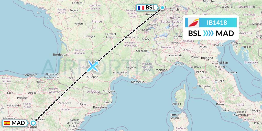 IB1418 Iberia Flight Map: Basel to Madrid