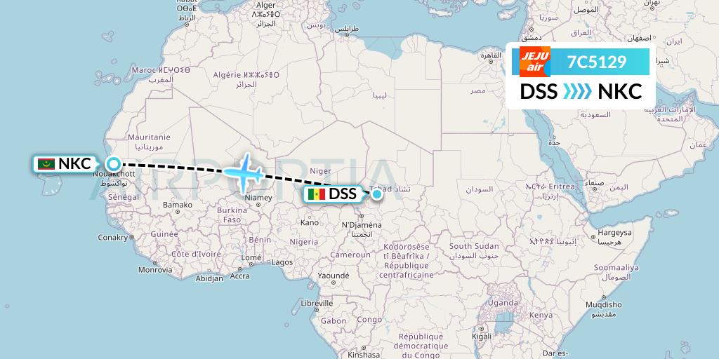 7C5129 Jeju Air Flight Map: Dakar to Nouakchott