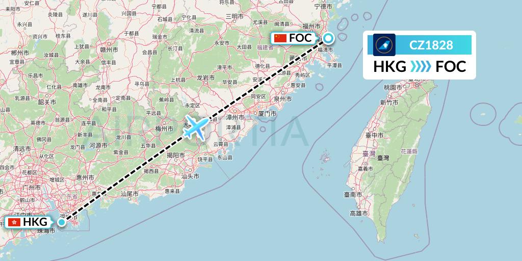 CZ1828 China Southern Airlines Flight Map: Hong Kong to Fuzhou