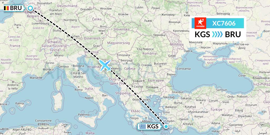 XC7606 Corendon Airlines Flight Map: Kos to Brussels