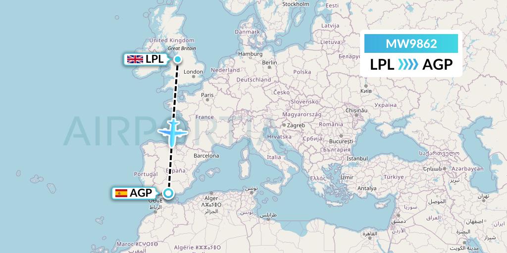 MW9862 Mokulele Flight Service Flight Map: Liverpool to Malaga