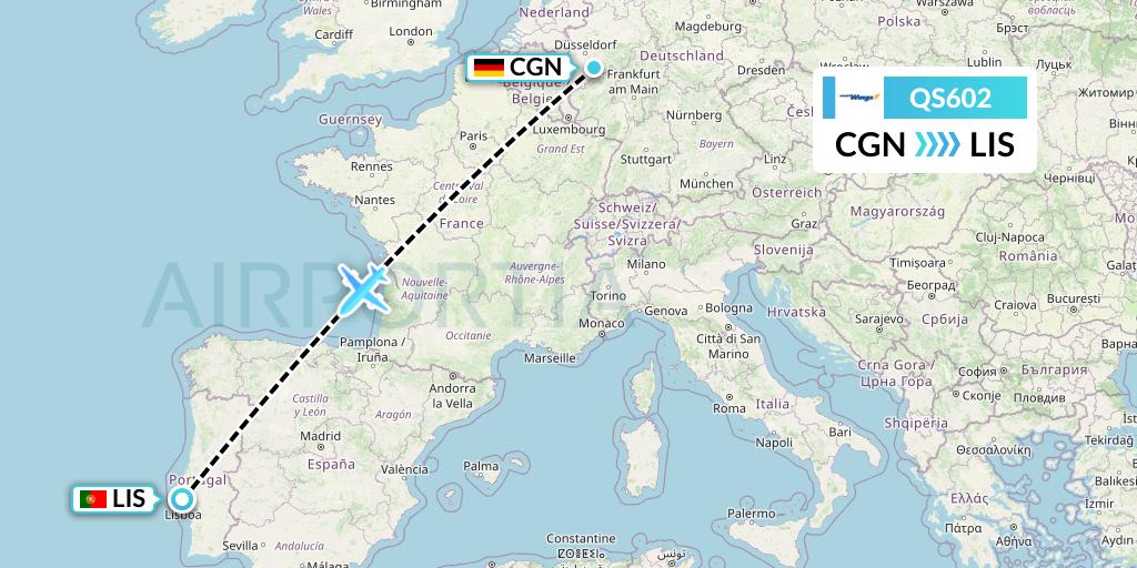 QS602 Smartwings Flight Map: Cologne to Lisbon