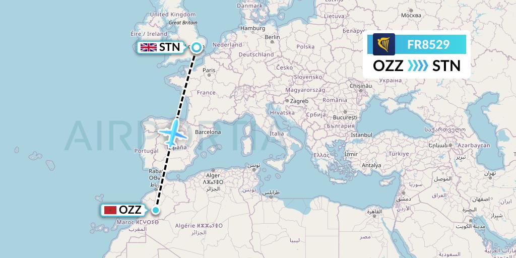 FR8529 Ryanair Flight Map: Ouarzazate to London