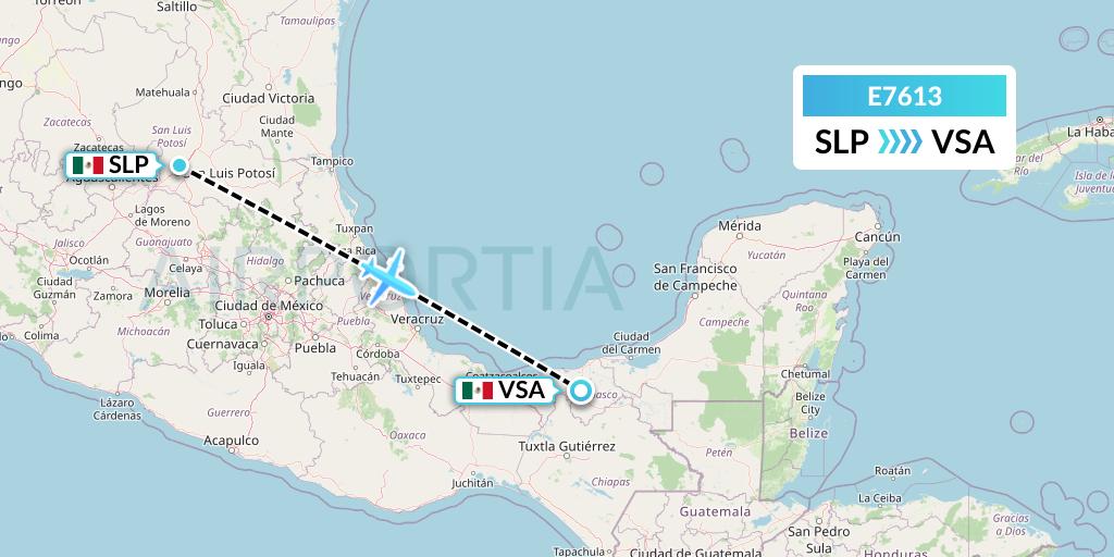 E7613 Equaflight Service Flight Map: San Luis Potosi to Villahermosa