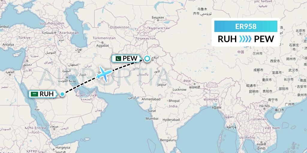 ER958 Serene Air Flight Map: Riyadh to Peshawar
