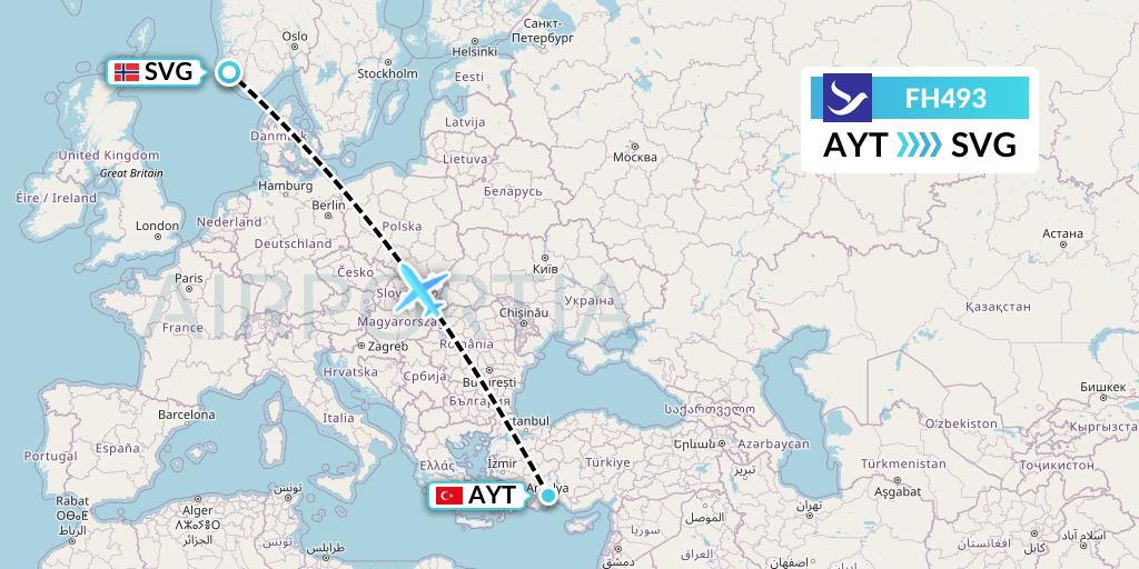 FH493 Freebird Airlines Flight Map: Antalya to Stavanger