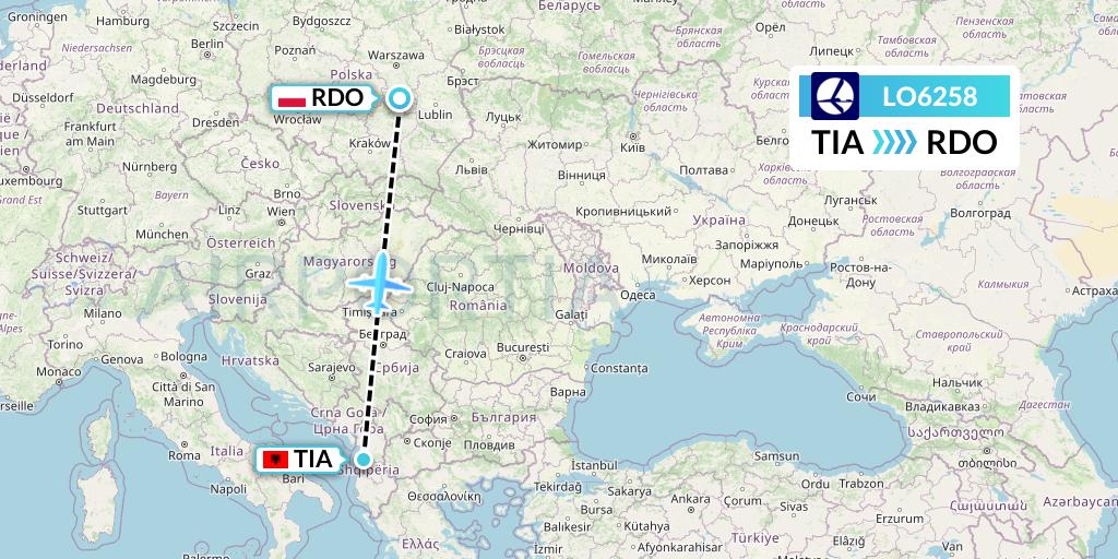LO6258 LOT Flight Map: Tirana to Radom