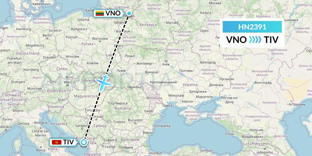 HN2391 Uab Heston Airlines Jsc Heston Airl Flight Map: Vilnius to Tivat