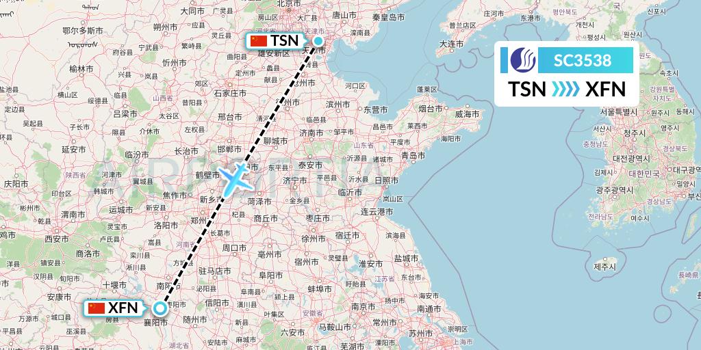SC3538 Shandong Airlines Flight Map: Tianjin to Xiangyang