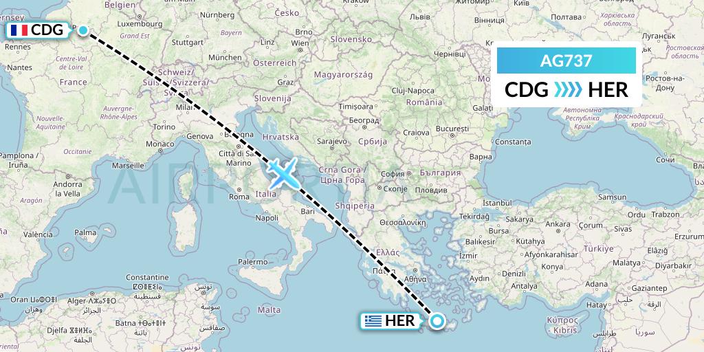 AG737 Aruba Airlines Flight Map: Paris to Heraklion