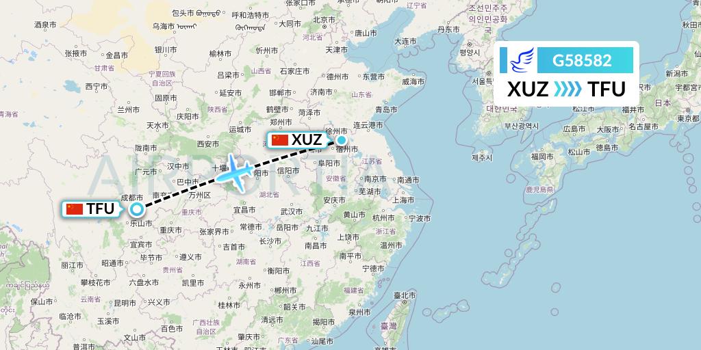 G58582 China Express Airlines Flight Map: Xuzhou to Chengdu