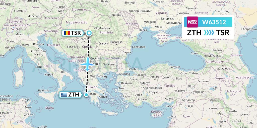 W63512 Wizz Air Flight Map: Zakynthos to Timisoara
