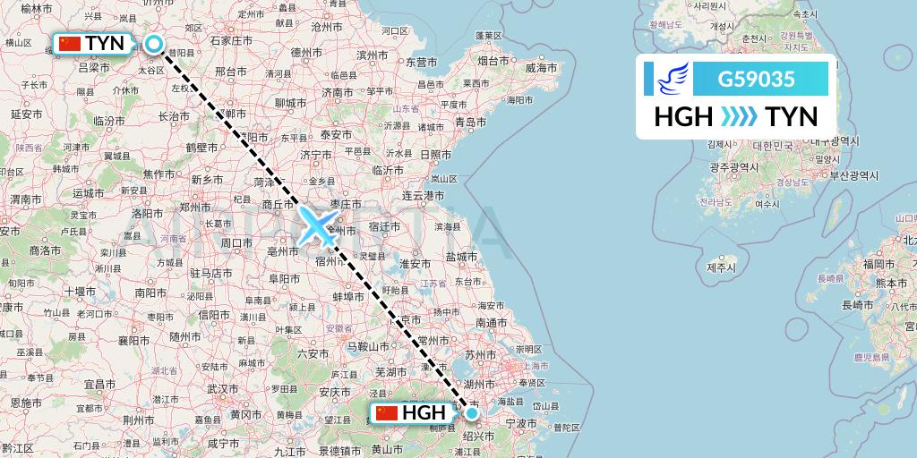 G59035 China Express Airlines Flight Map: Hangzhou to Taiyuan