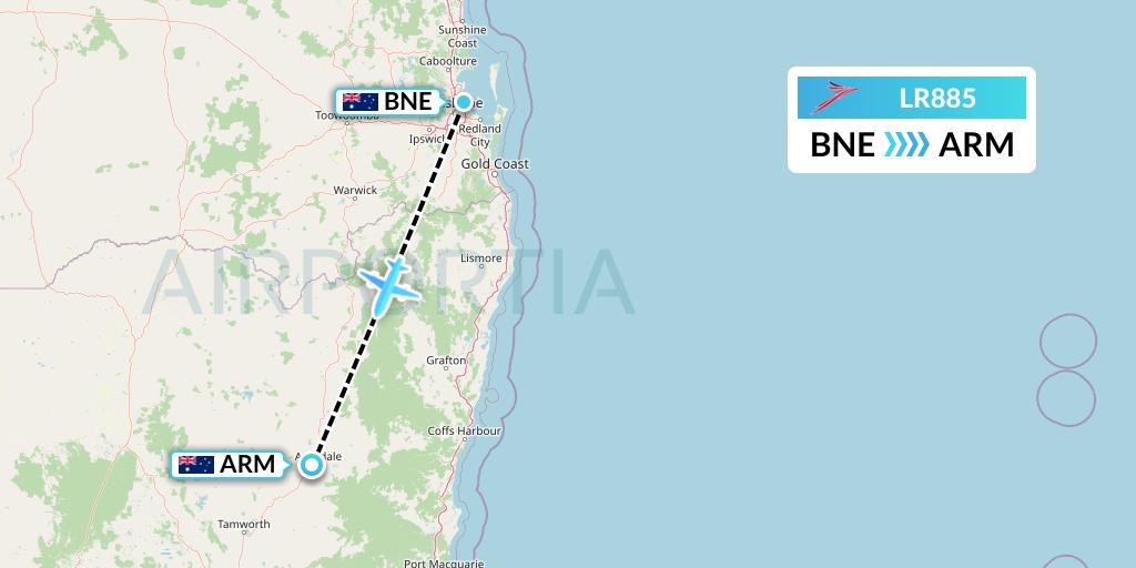 LR885 Lacsa Flight Map: Brisbane to Armidale