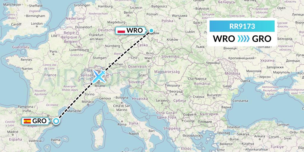 RR9173 Royal Air Force Flight Map: Wroclaw to Girona
