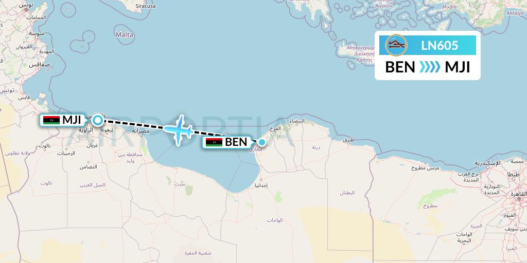 LN605 Libyan Airlines Flight Map: Benghazi to Tripoli
