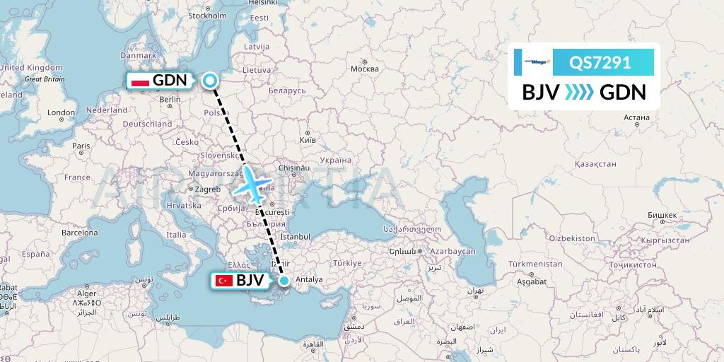 QS7291 Smartwings Flight Map: Bodrum to Gdansk