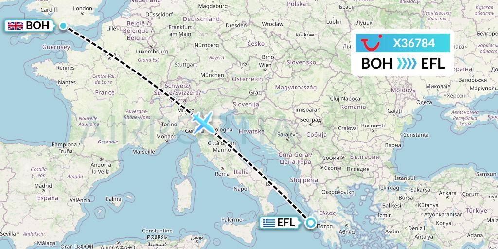 X36784 TUI fly Germany Flight Map: Bournemouth to Kefalonia