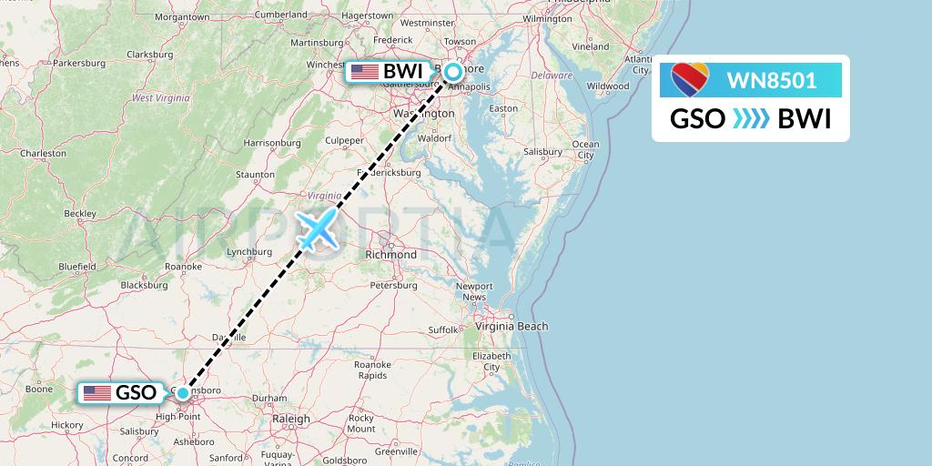 WN8501 Southwest Airlines Flight Map: Greensboro to Baltimore