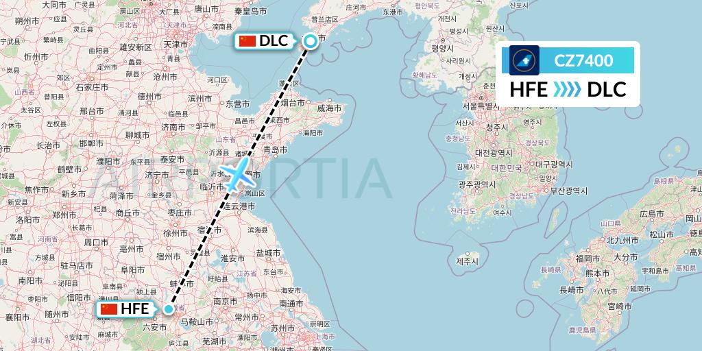 CZ7400 China Southern Airlines Flight Map: Hefei to Dalian