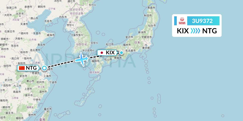 3U9372 Sichuan Airlines Flight Map: Osaka to Nantong
