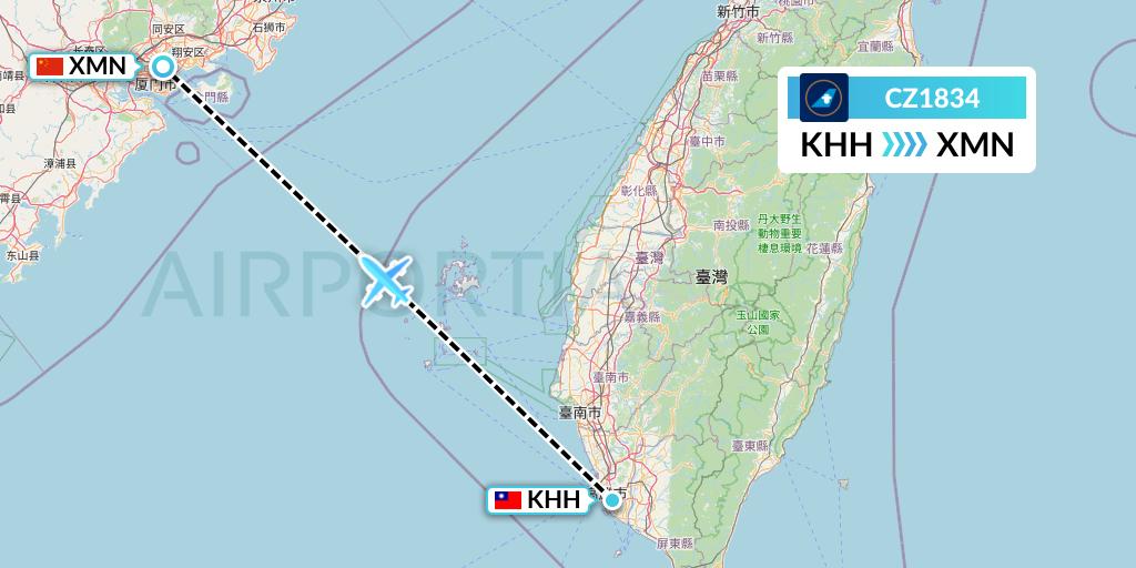 CZ1834 China Southern Airlines Flight Map: Kaohsiung to Xiamen