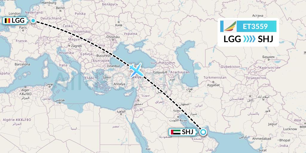 ET3559 Ethiopian Airlines Flight Map: Liege to Sharjah