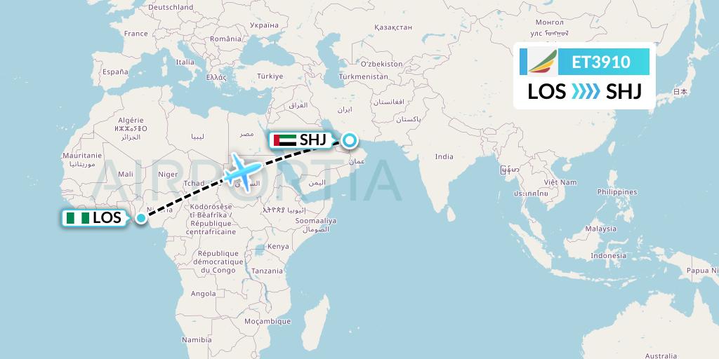 ET3910 Ethiopian Airlines Flight Map: Lagos to Sharjah