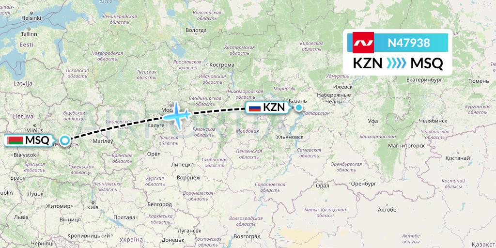 N47938 Nordwind Airlines Flight Map: Kazan to Minsk