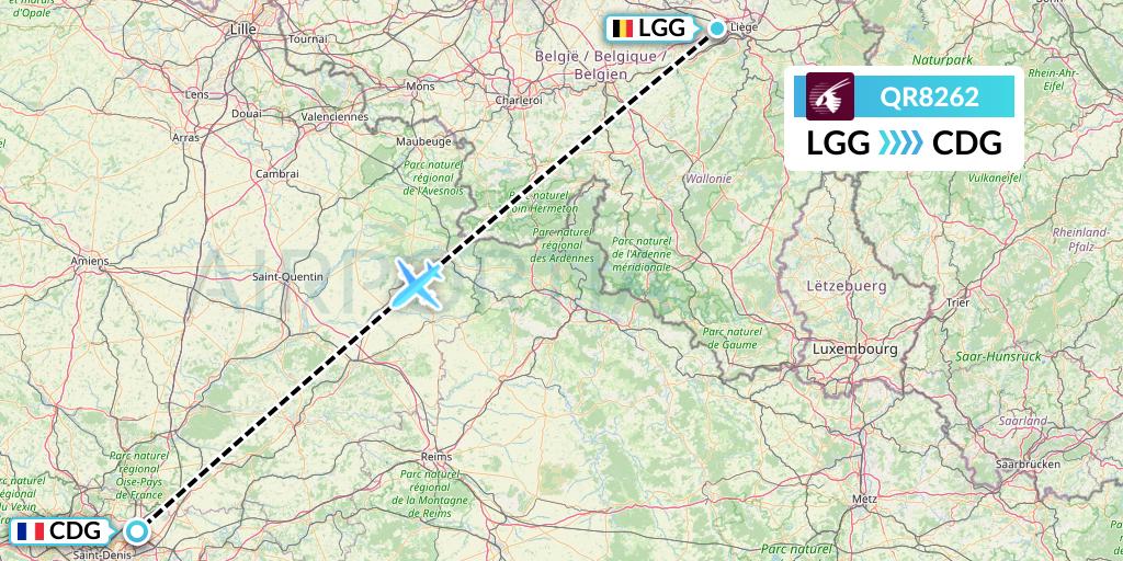 QR8262 Qatar Airways Flight Map: Liege to Paris