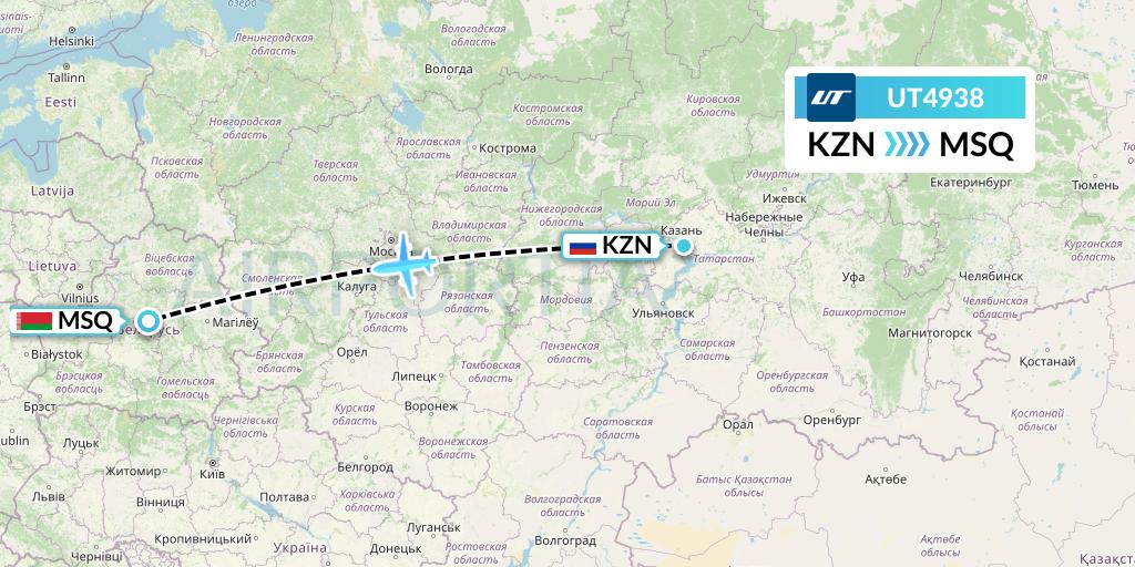 UT4938 UTair Flight Map: Kazan to Minsk