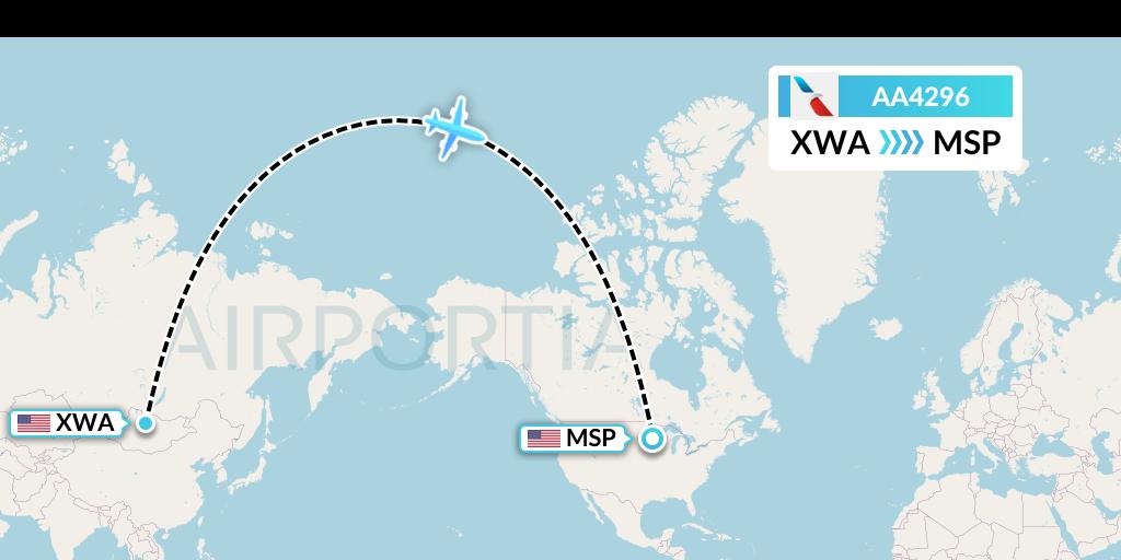 AA4296 American Airlines Flight Map: Williston to Minneapolis