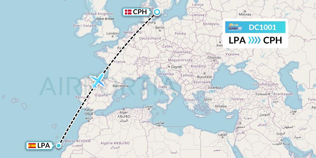DC1001 Braathens Regional Flight Map: Las Palmas to Copenhagen
