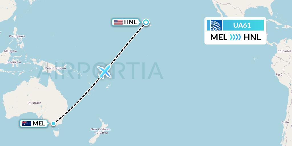 UA61 United Airlines Flight Map: Melbourne to Honolulu