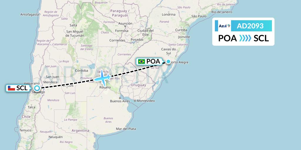 AD2093 Azul Brazilian Airlines Flight Map: Porto Alegre to Santiago