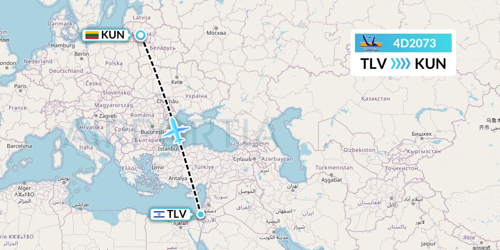 4D2073 Air Sinai Flight Map: Tel Aviv to Kaunas