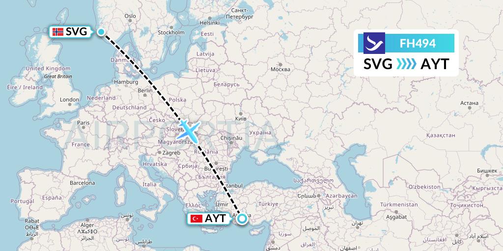 FH494 Freebird Airlines Flight Map: Stavanger to Antalya