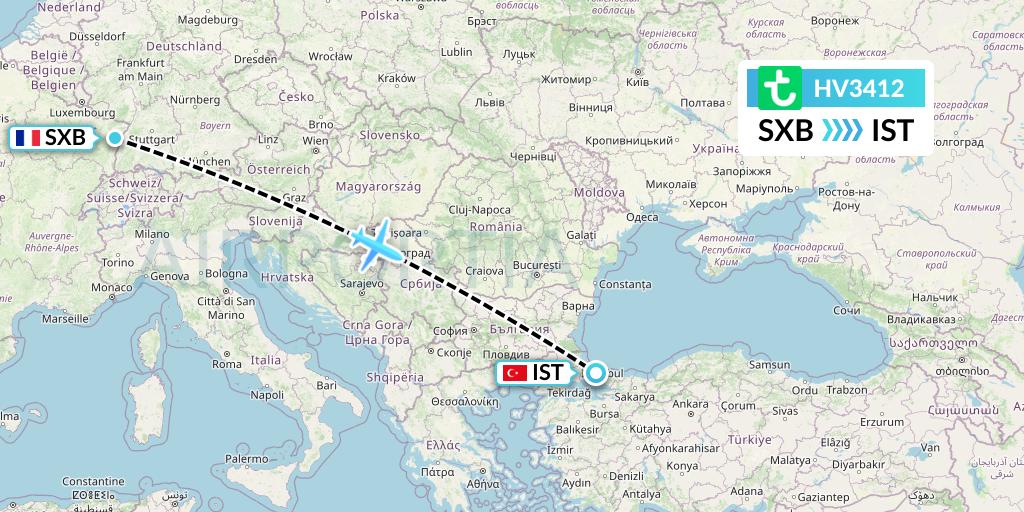HV3412 Transavia Flight Map: Strasbourg to Istanbul