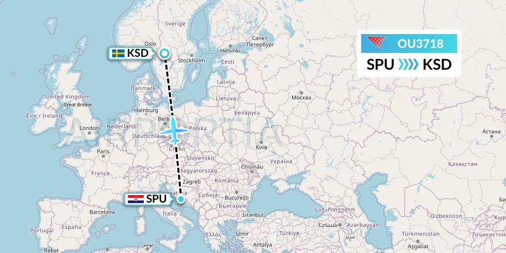 OU3718 Croatia Airlines Flight Map: Split to Karlstad