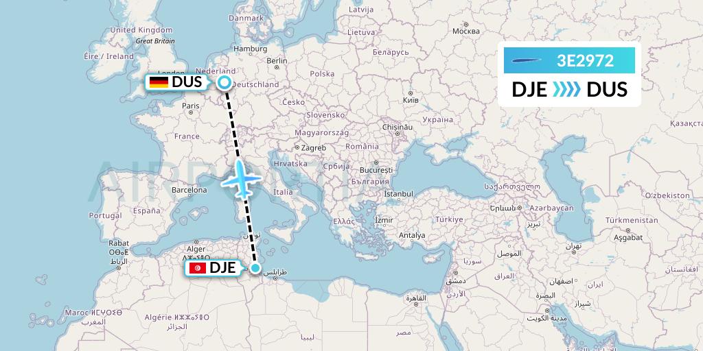 3E2972 Air Choice One Flight Map: Djerba to Dusseldorf