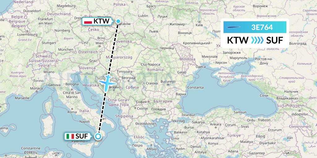 3E764 Air Choice One Flight Map: Katowice to Lamezia Terme