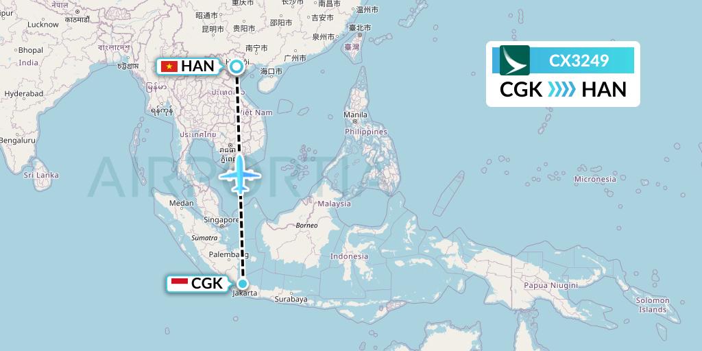 CX3249 Cathay Pacific Flight Map: Jakarta to Hanoi