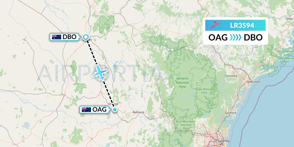 LR3594 Lacsa Flight Map: Orange to Dubbo