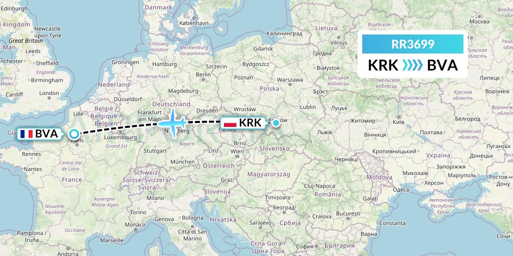 RR3699 Royal Air Force Flight Map: Krakow to Paris