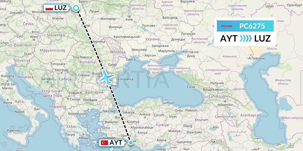 PC6275 Pegasus Airlines Flight Map: Antalya to Lublin