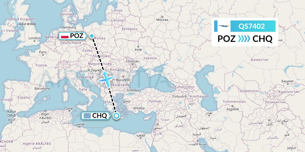 QS7402 Smartwings Flight Map: Poznan to Chania