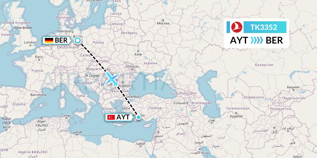 TK3352 Turkish Airlines Flight Map: Antalya to Berlin